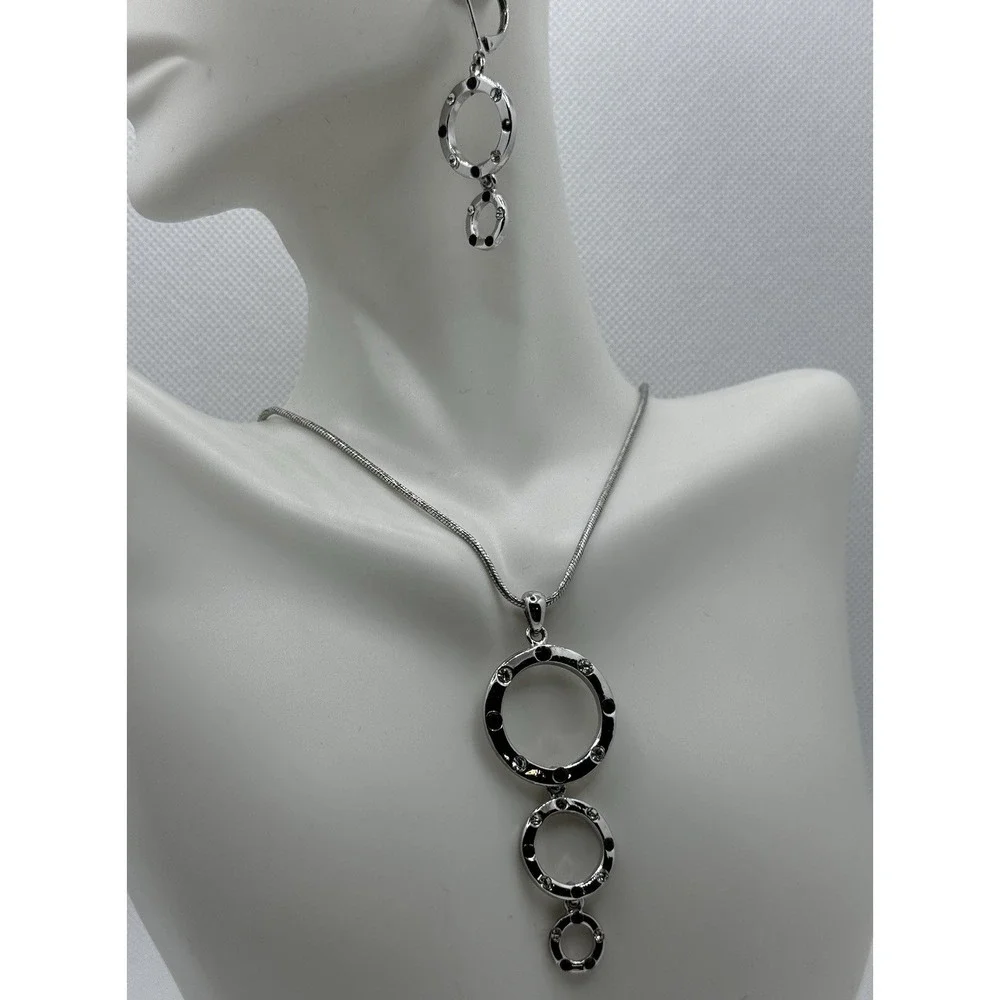 Cookie Lee Jewelry Set Silver Tone Faux Onyx CZ Pendant Necklace Earrings 90s